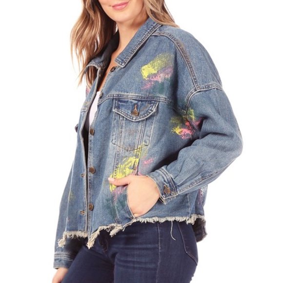 NEW Oversize Retro 70s 80s Paint Splatter Splash Distressed Hem Denim Jacket - Picture 5 of 6